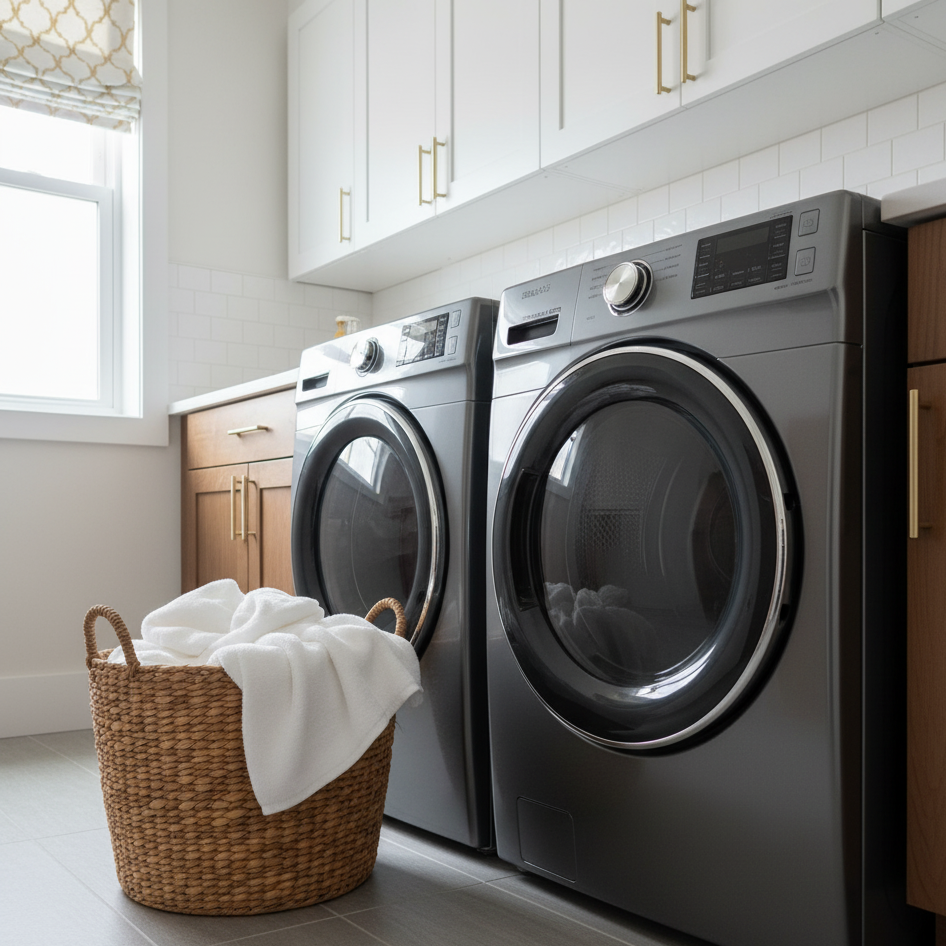 A washer and dryer in a laundry room with a wicker basket. 